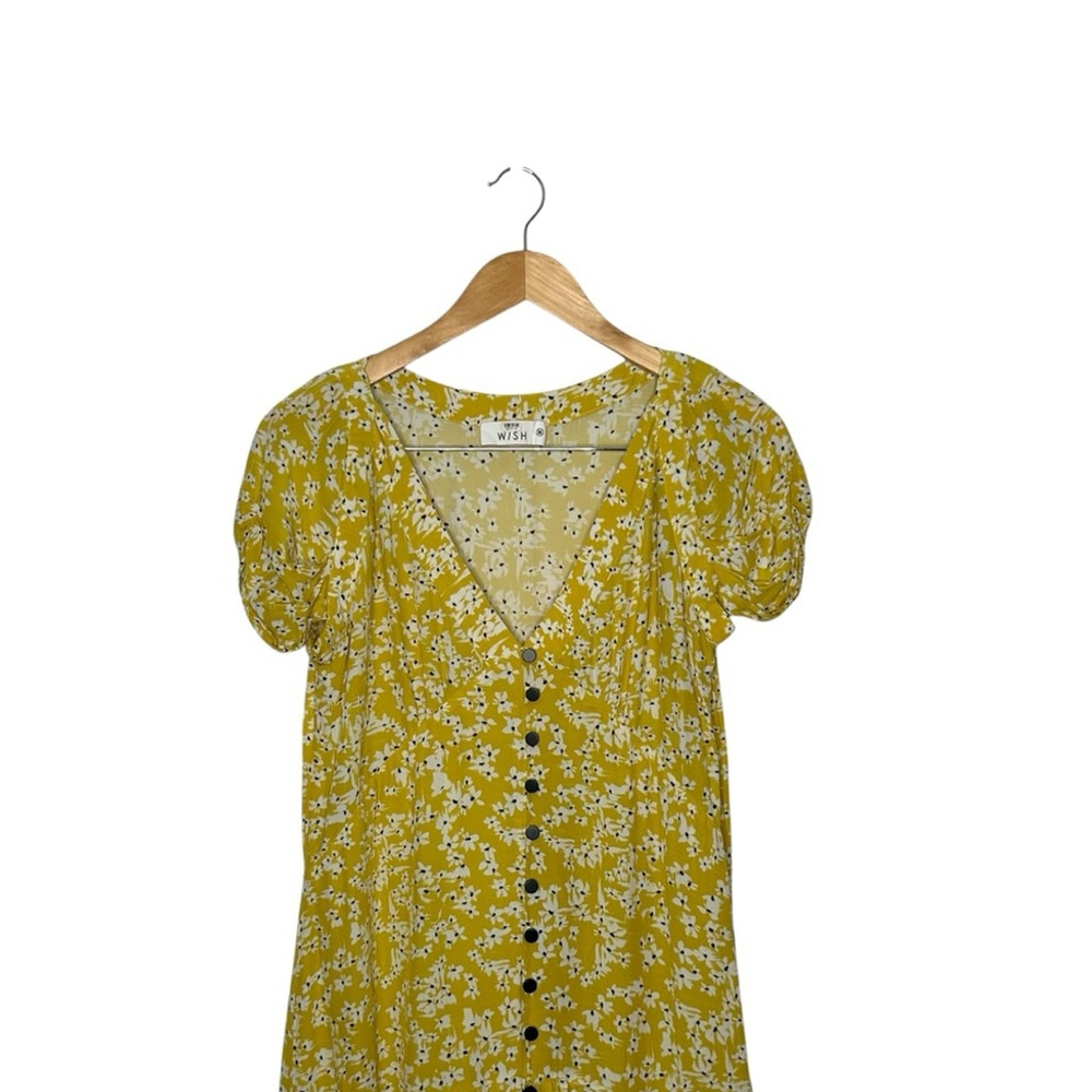 WISH Golden Bloom Floral Crepe V-Neck Short Sleeve Ruffle Hem Dress Size Medium - Picture 4 of 11
